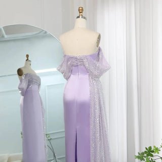 Elegant Off Shoulder Lilac Evening Dress with Overskirt - Riviera Couture