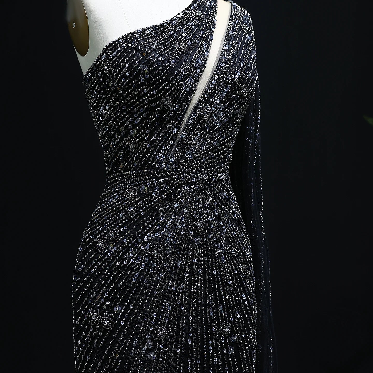 black Black One-Shoulder Mermaid Evening Gown with Yellow Flowing Cape — Riviera Couture GCC Luxury Evening Gown