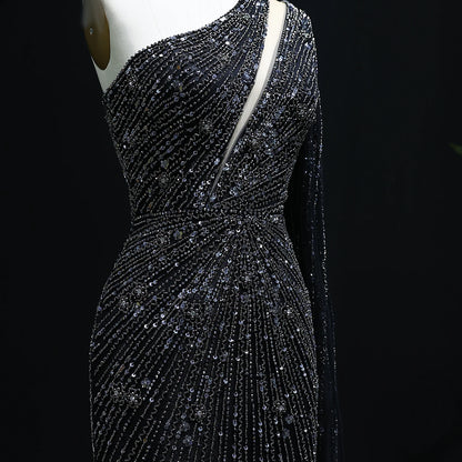 black Black One-Shoulder Mermaid Evening Gown with Yellow Flowing Cape — Riviera Couture GCC Luxury Evening Gown