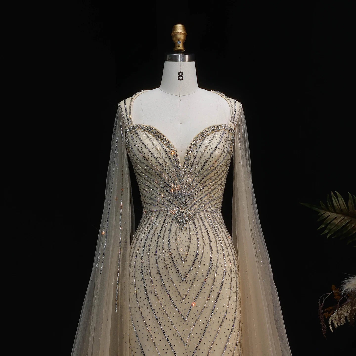 Green Beaded Mermaid Evening Gown with Cape Sleeves — Dubai Arabic Formal — Riviera Couture GCC Luxury Evening Gown