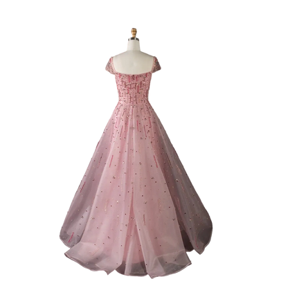 Pink Pink Off-Shoulder A-Line Evening Gown — Luxury Beaded Arabic GCC — Riviera Couture GCC Luxury Evening Gown