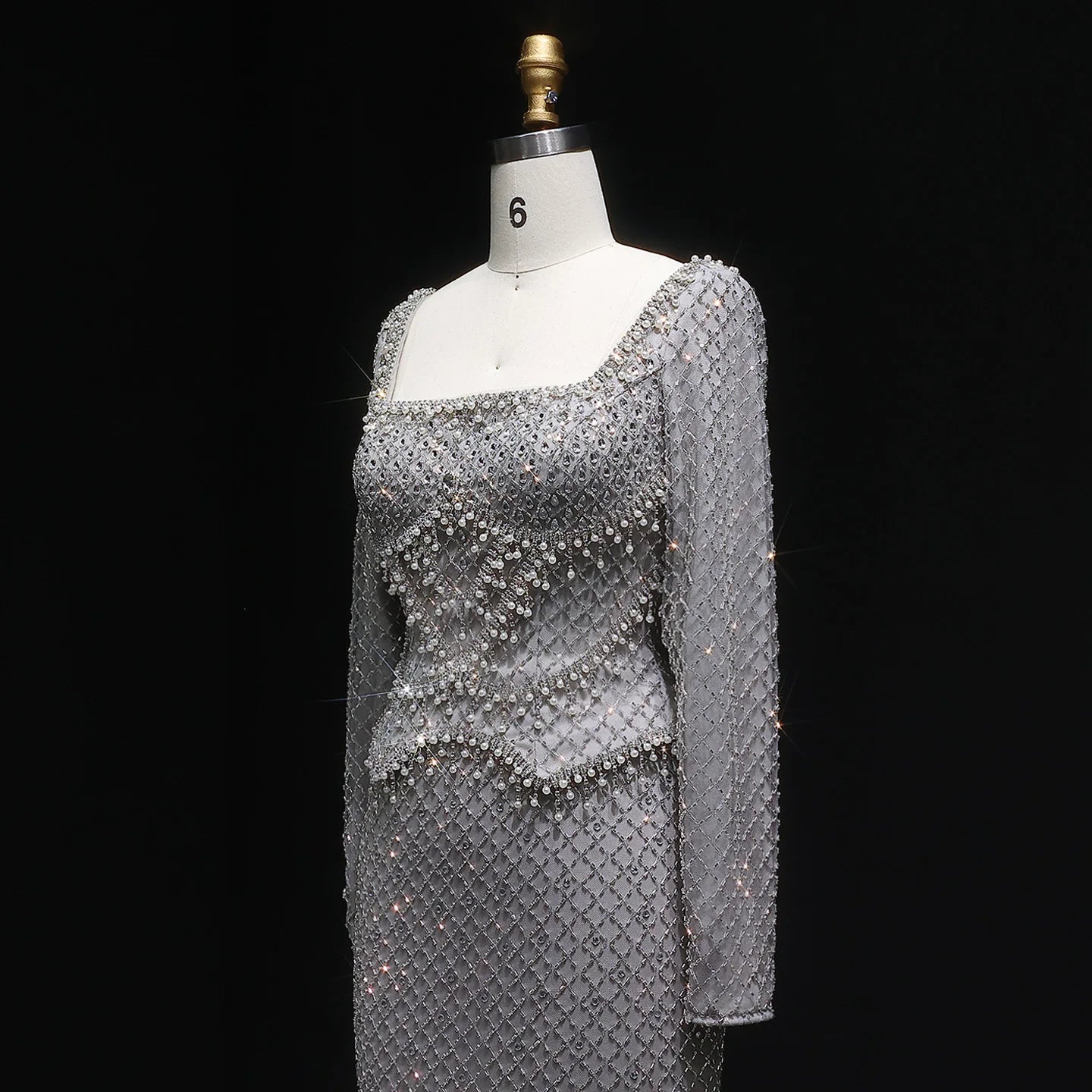 Champagne Champagne Crystal Long Sleeve Evening Gown — Dubai Arabic Luxury — Riviera Couture GCC Luxury Evening Gown