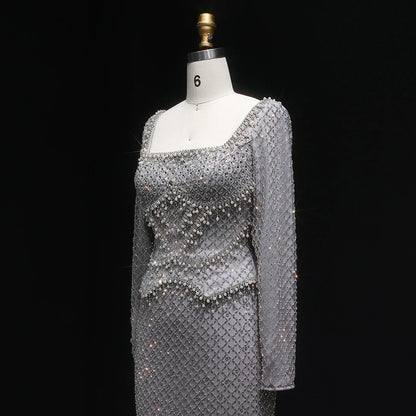 Champagne Champagne Crystal Long Sleeve Evening Gown — Dubai Arabic Luxury — Riviera Couture GCC Luxury Evening Gown