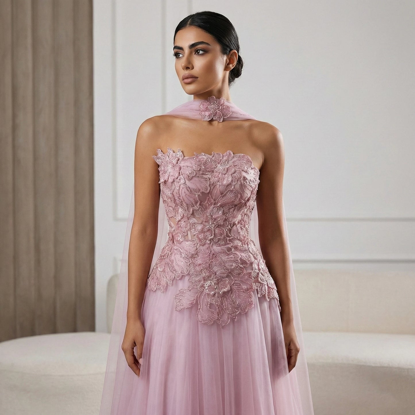 Blue A-Line Evening Gown with Scarf — Appliqué Beaded GCC Formal — Riviera Couture GCC Luxury Evening Gown