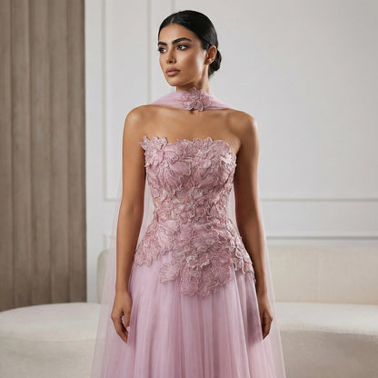 Blue A-Line Evening Gown with Scarf — Appliqué Beaded GCC Formal — Riviera Couture GCC Luxury Evening Gown