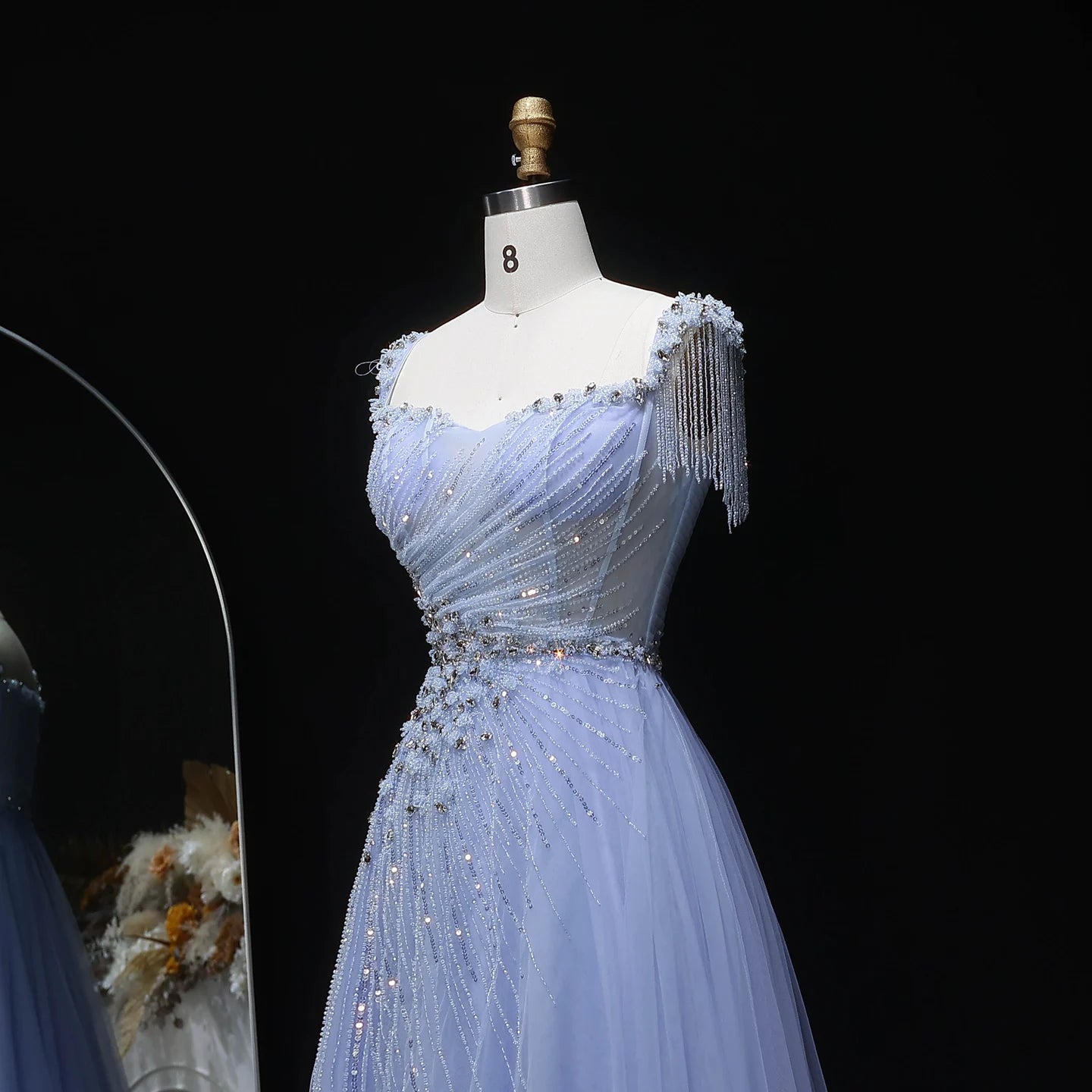 Blue A-Line Evening Gown — Tassel Beaded Crystal GCC Luxury 2026 — Riviera Couture GCC Luxury Evening Gown
