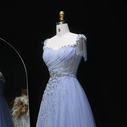 Blue A-Line Evening Gown — Tassel Beaded Crystal GCC Luxury 2026 — Riviera Couture GCC Luxury Evening Gown