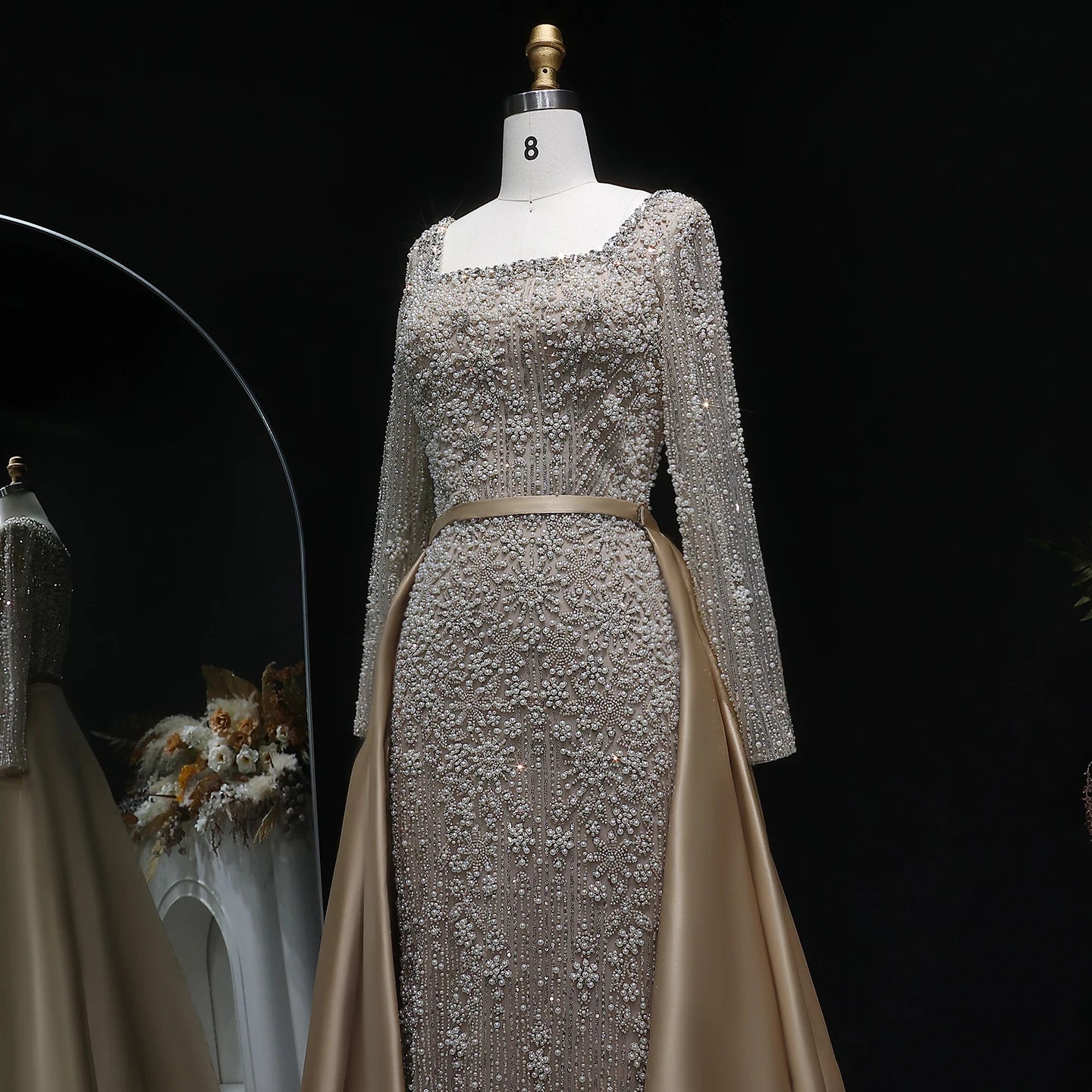 Champagne Beaded Long Sleeve Mermaid Evening Gown with Overskirt — Arabic — Riviera Couture GCC Luxury Evening Gown