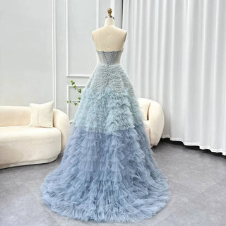 Blue Ombre Tiered Ruffles Evening Dress - RC21 - Riviera Couture