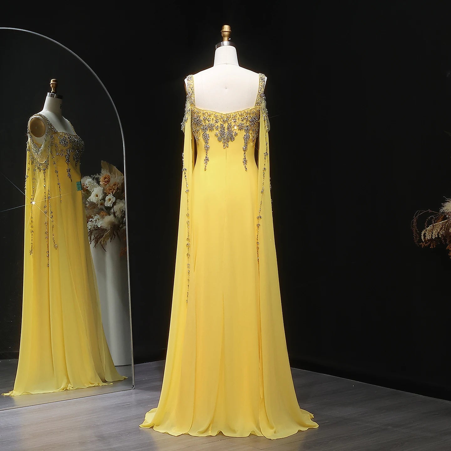 Yellow Blue Crystal Evening Gown with Flowing Cape Sleeve — Arabic Luxury — Riviera Couture GCC Luxury Evening Gown