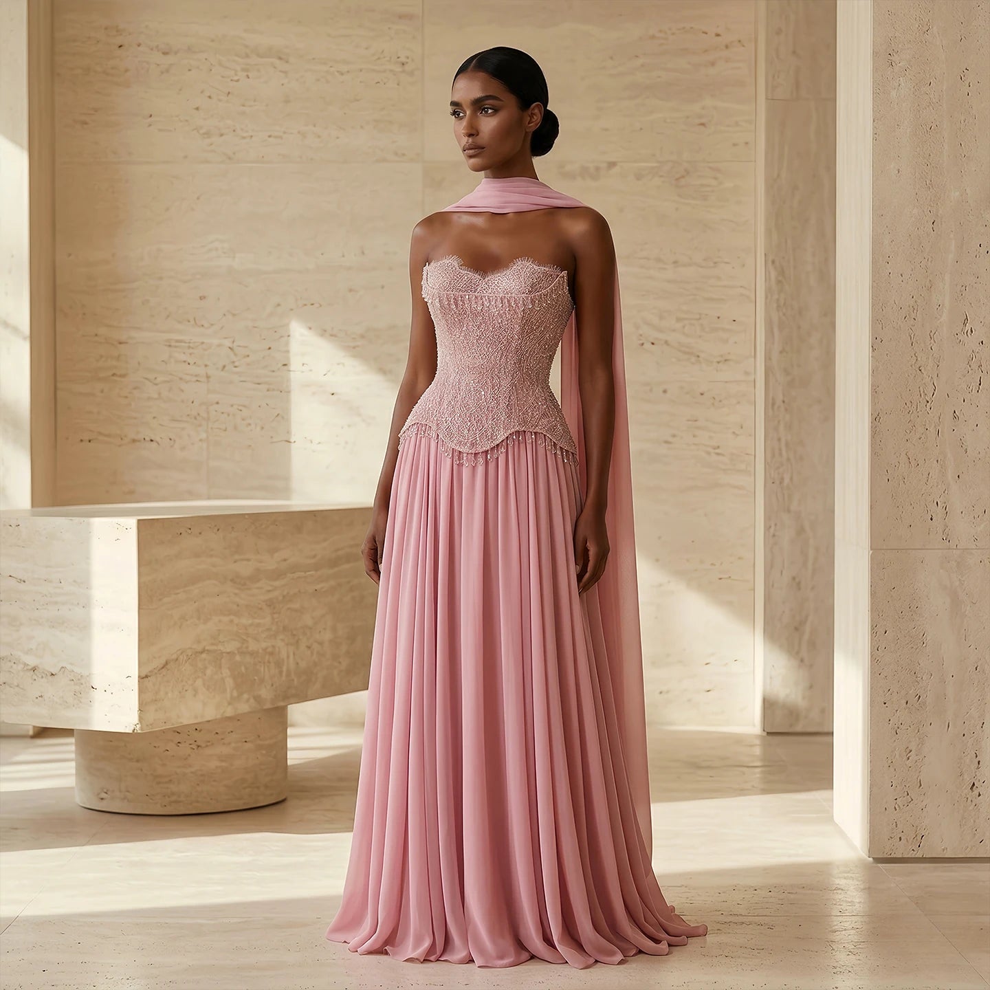 Pink Pink Draped A-Line Evening Gown with Scarf — Beaded GCC Luxury — Riviera Couture GCC Luxury Evening Gown