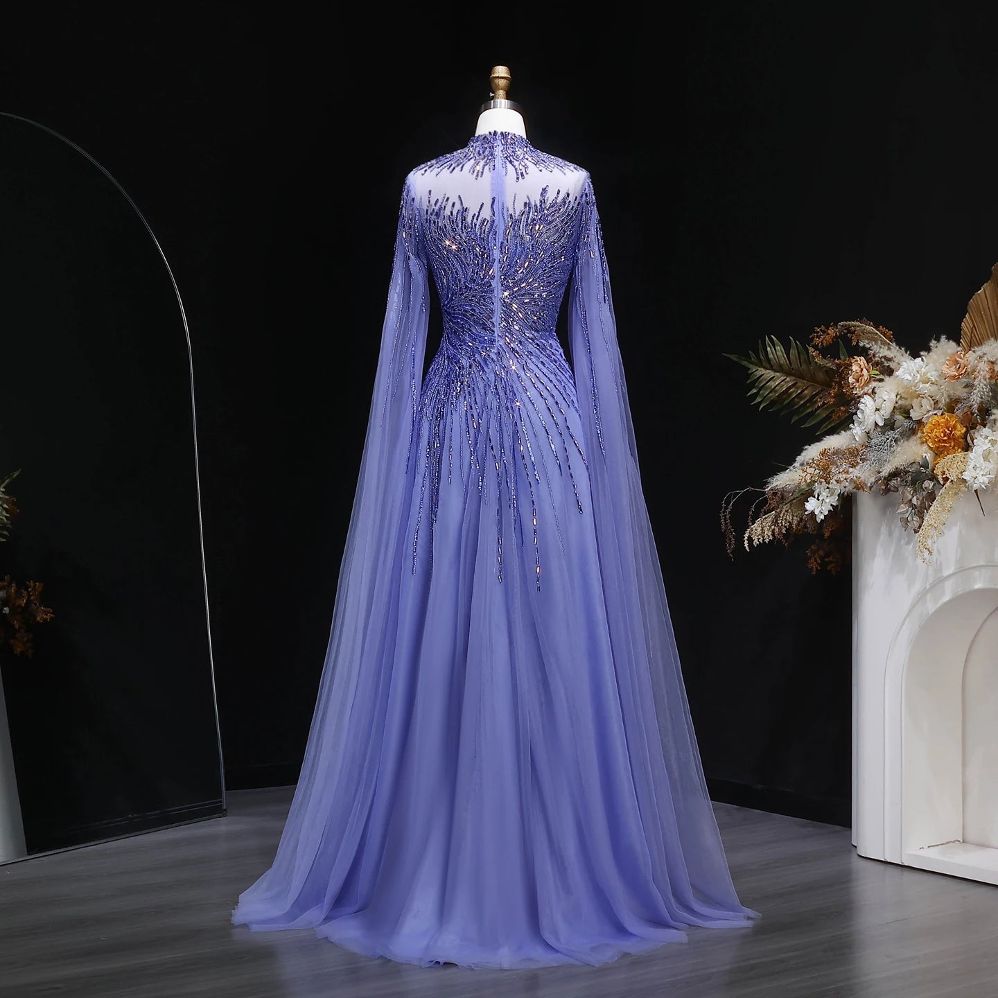 Blue Caramel Beaded High Neck Cape Sleeve Evening Gown — Sequin Tulle — Riviera Couture GCC Luxury Evening Gown