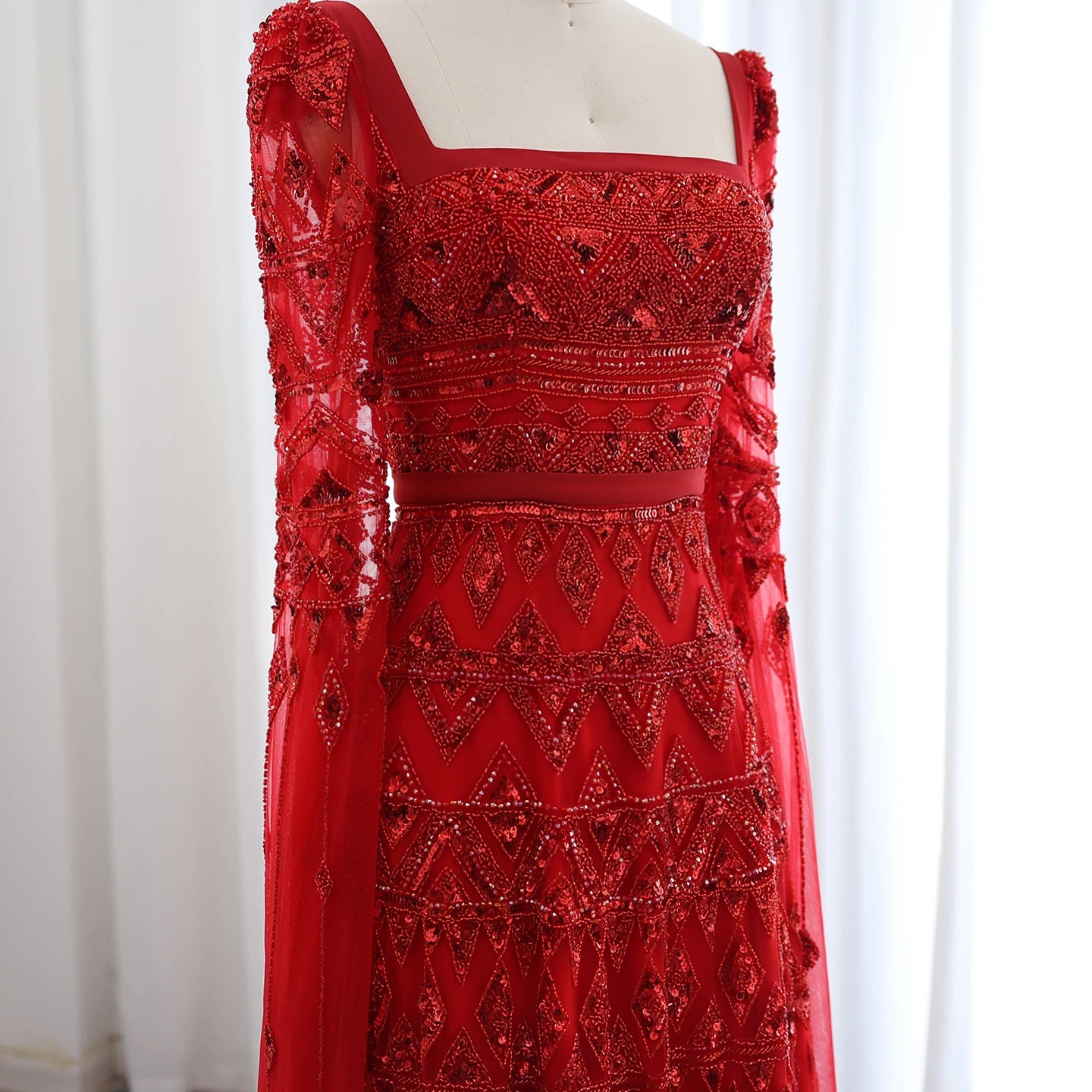 Gold Wine Red Burgundy Evening Gown with Cape Sleeve — Arabic Luxury 2026 — Riviera Couture GCC Luxury Evening Gown