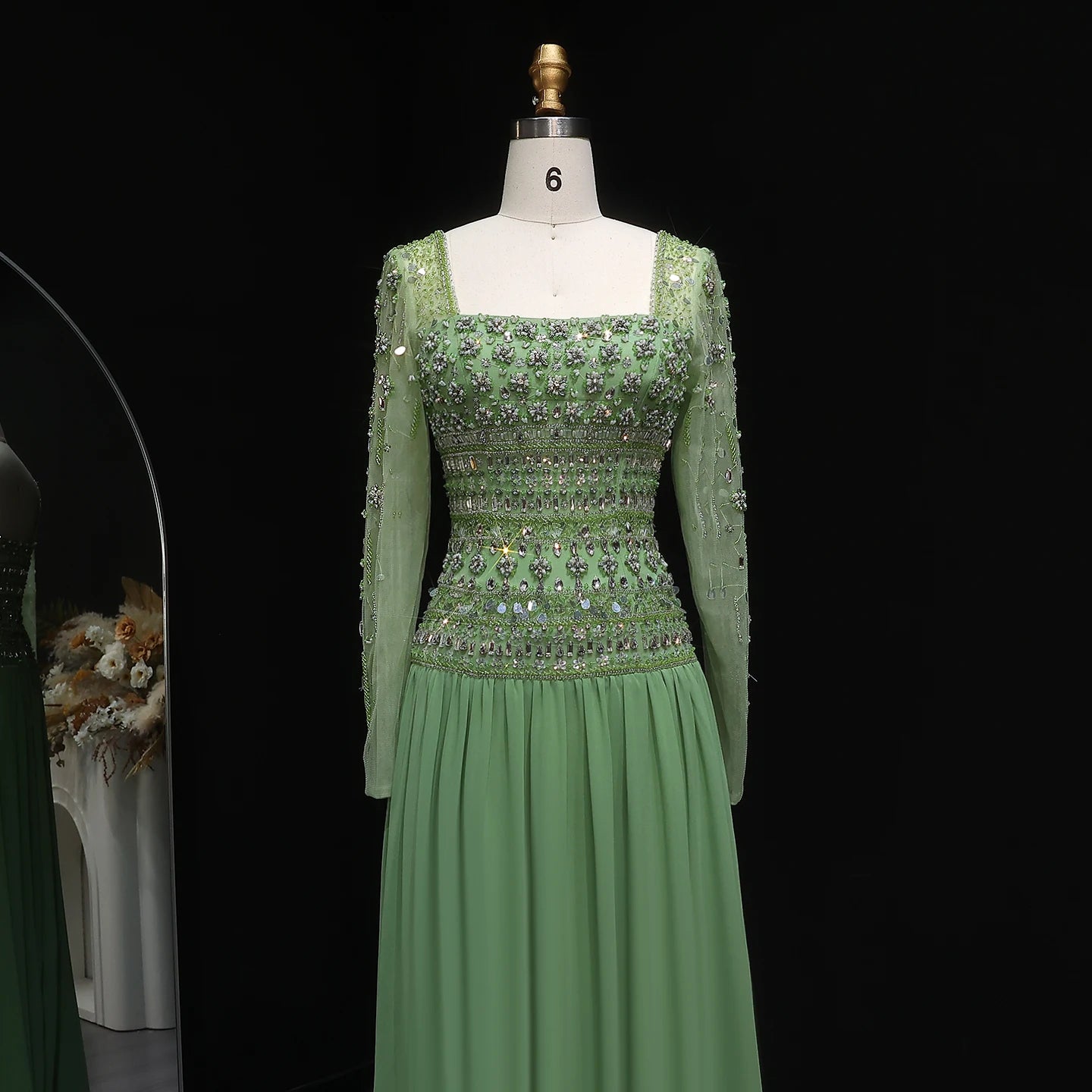 Green Long Sleeves Lilac Beaded Strapless Evening Gown with Flowing Chiffon Skirt — Riviera Couture GCC Luxury Evening Gown