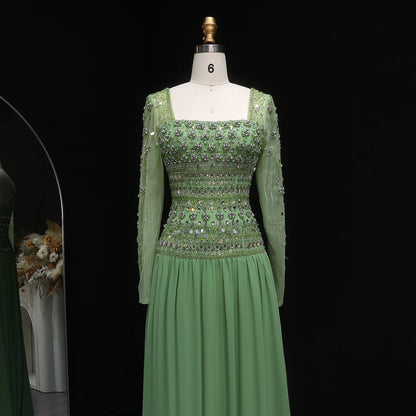 Green Long Sleeves Lilac Beaded Strapless Evening Gown with Flowing Chiffon Skirt — Riviera Couture GCC Luxury Evening Gown