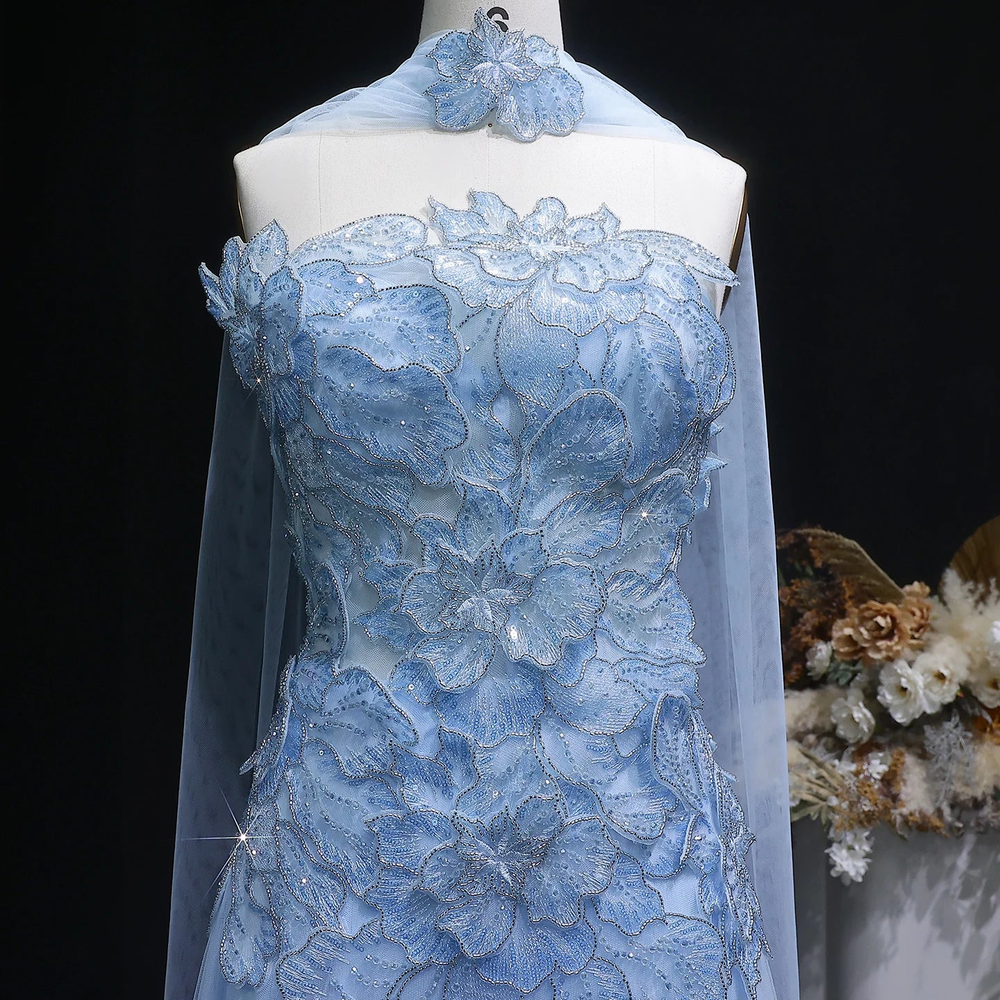 A-Line Evening Gown with Scarf — Appliqué Beaded GCC Formal — Riviera Couture GCC Luxury Evening Gown