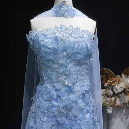 A-Line Evening Gown with Scarf — Appliqué Beaded GCC Formal — Riviera Couture GCC Luxury Evening Gown