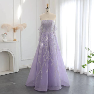 Beaded Lilac Evening Dress with Sleeve Gloves - Riviera Couture