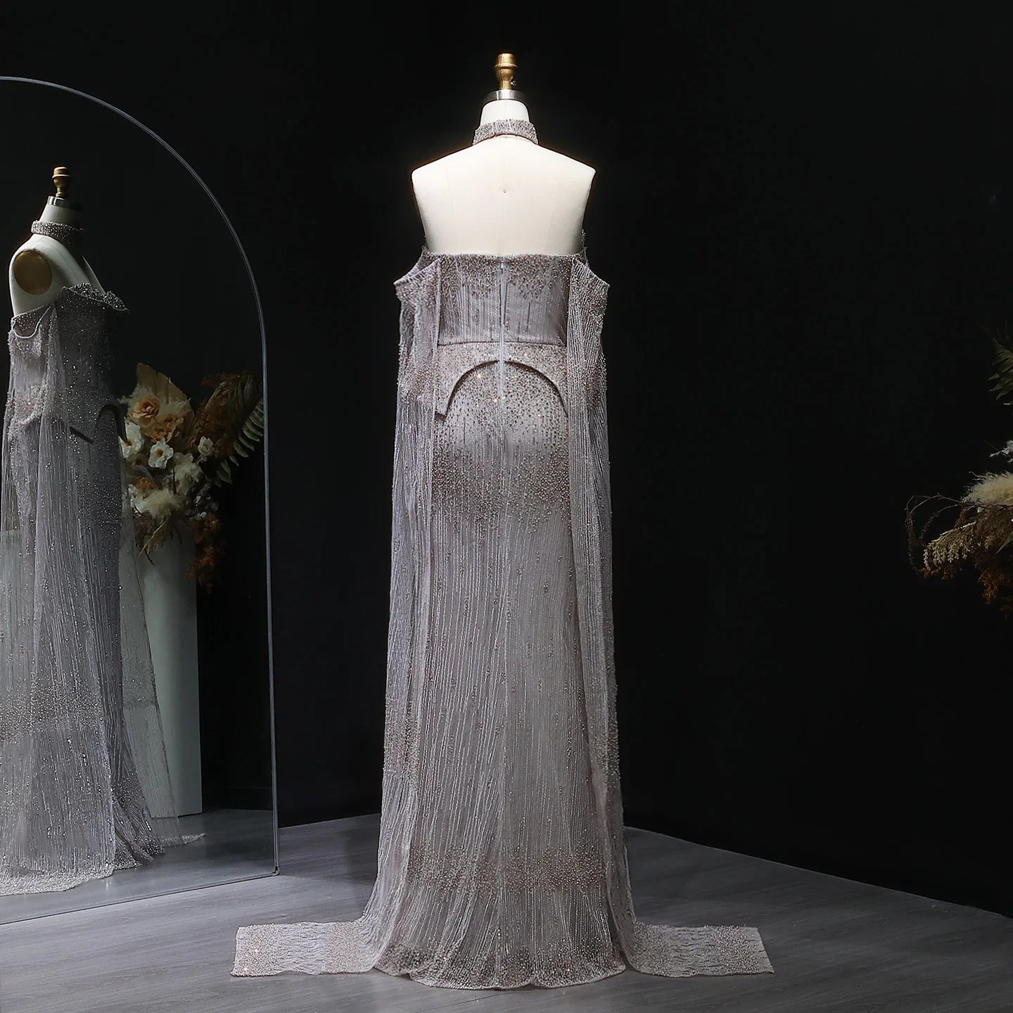 Gold Grey Crystal Off-Shoulder Evening Gown with Cape Sleeves — 2026 — Riviera Couture GCC Luxury Evening Gown