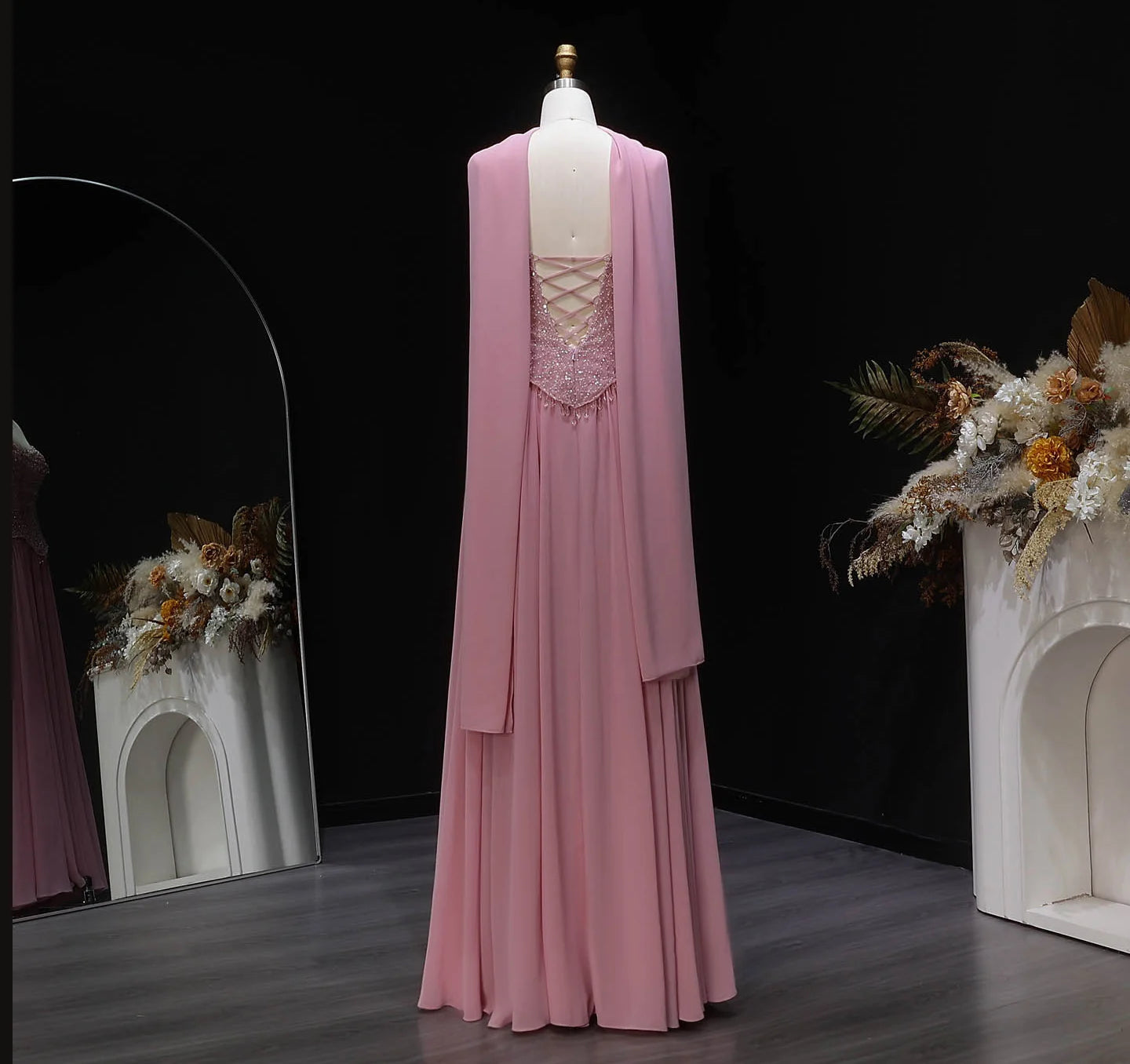 Pink Pink Draped A-Line Evening Gown with Scarf — Beaded GCC Luxury — Riviera Couture GCC Luxury Evening Gown
