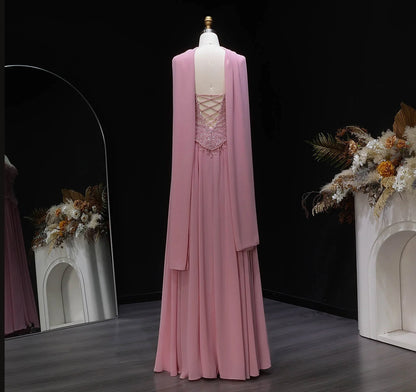 Pink Pink Draped A-Line Evening Gown with Scarf — Beaded GCC Luxury — Riviera Couture GCC Luxury Evening Gown