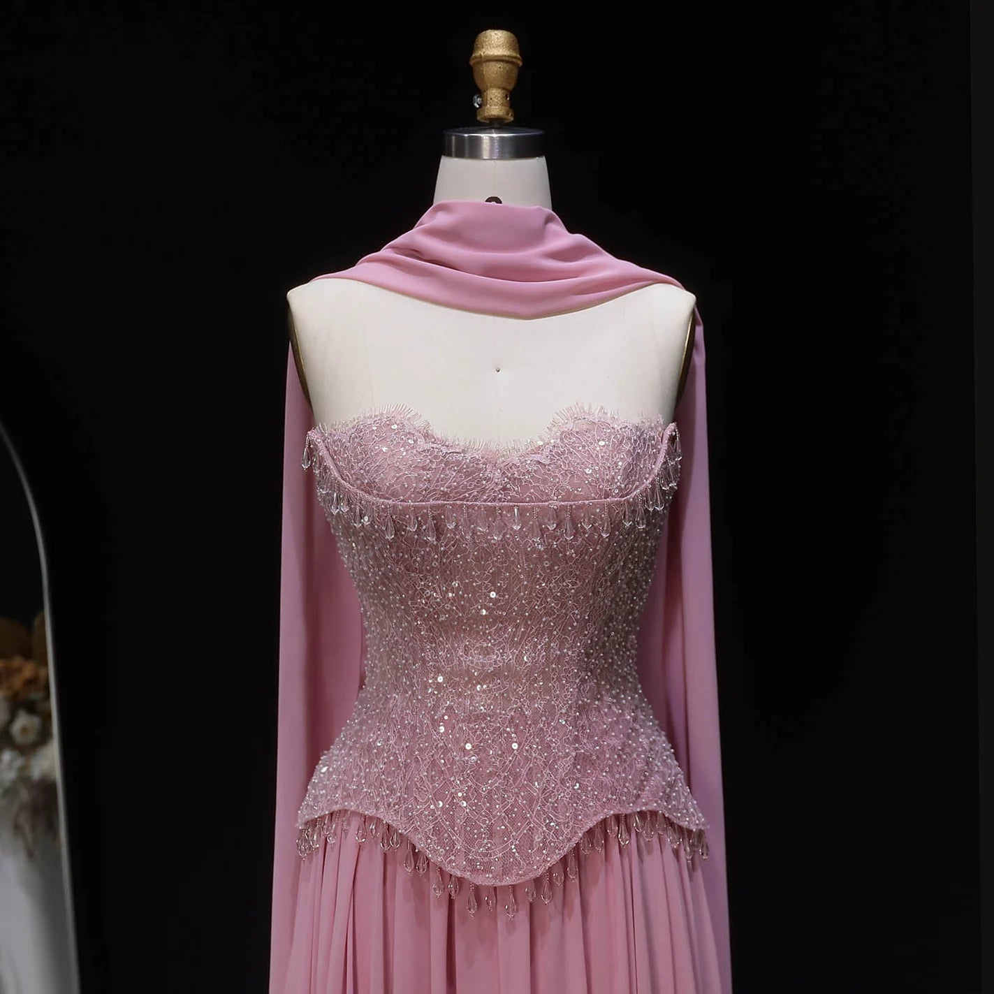 Pink Pink Draped A-Line Evening Gown with Scarf — Beaded GCC Luxury — Riviera Couture GCC Luxury Evening Gown