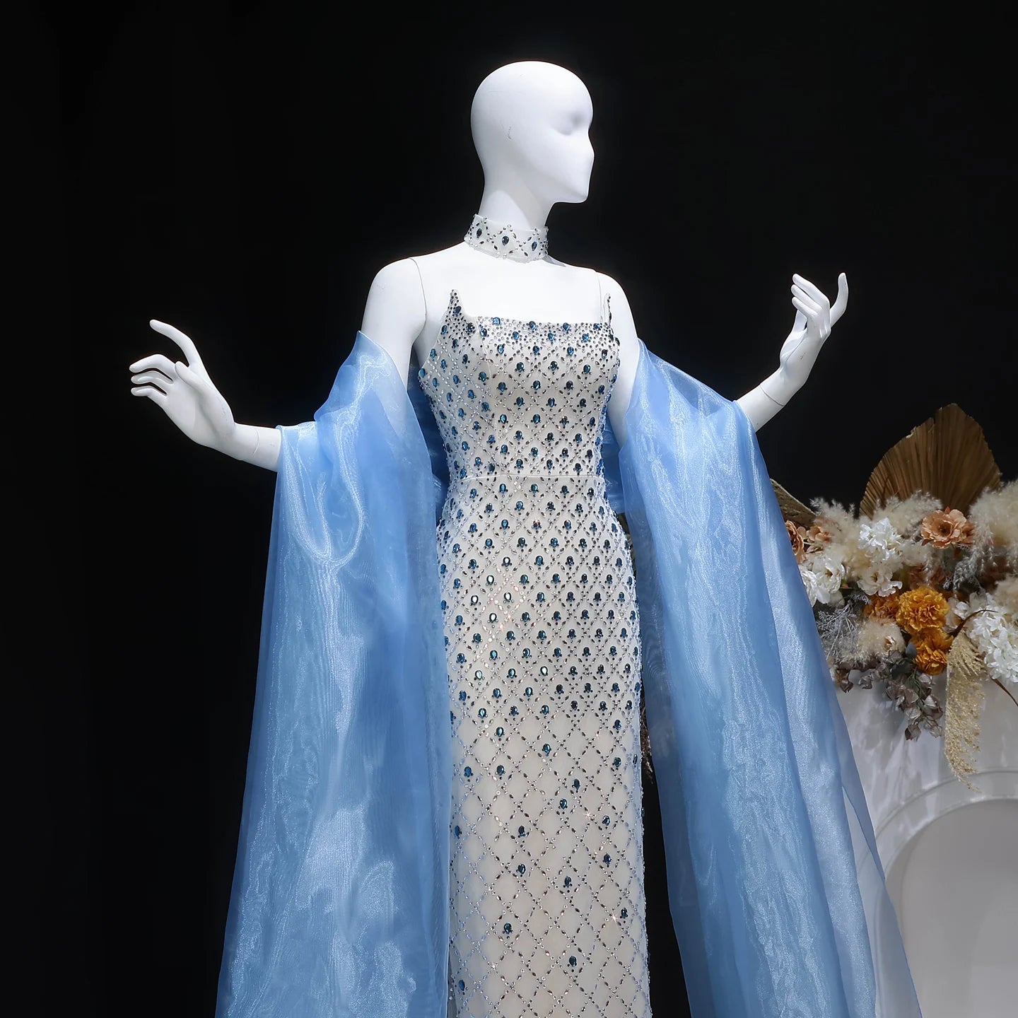 Blue Beaded Crystal Evening Gown with Cape — Luxury GCC Formal 2026 — Riviera Couture GCC Luxury Evening Gown