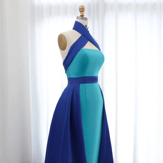 Royal Blue Contrast Turquoise Halter Neck Evening Dress with Overskirt - Riviera Couture