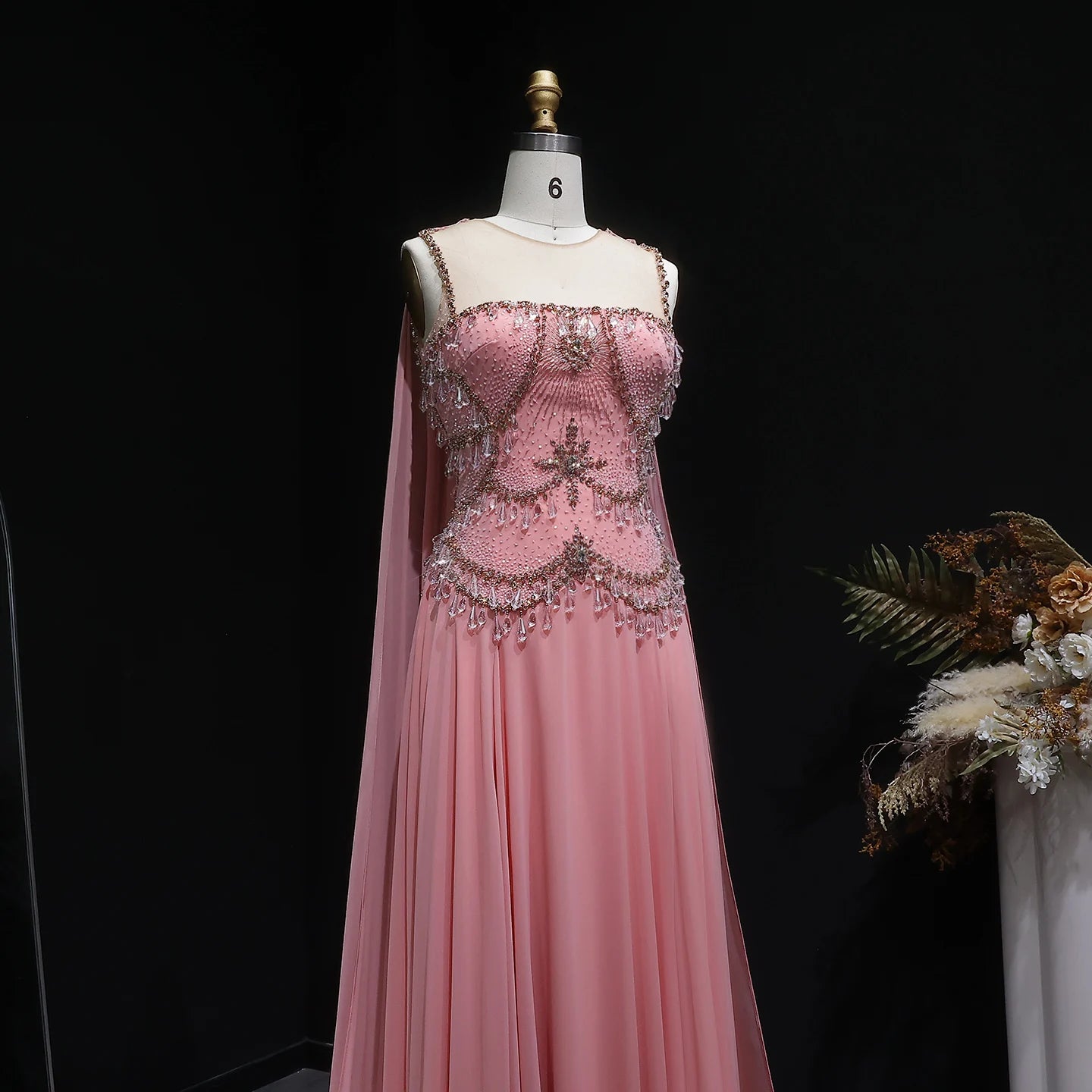 Silver Gold Silver Gold Cape Sleeve Evening Gown — Crystal Beaded Blush Pink — Riviera Couture GCC Luxury Evening Gown