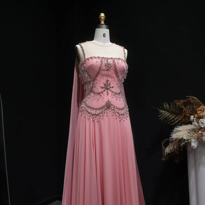Silver Gold Silver Gold Cape Sleeve Evening Gown — Crystal Beaded Blush Pink — Riviera Couture GCC Luxury Evening Gown