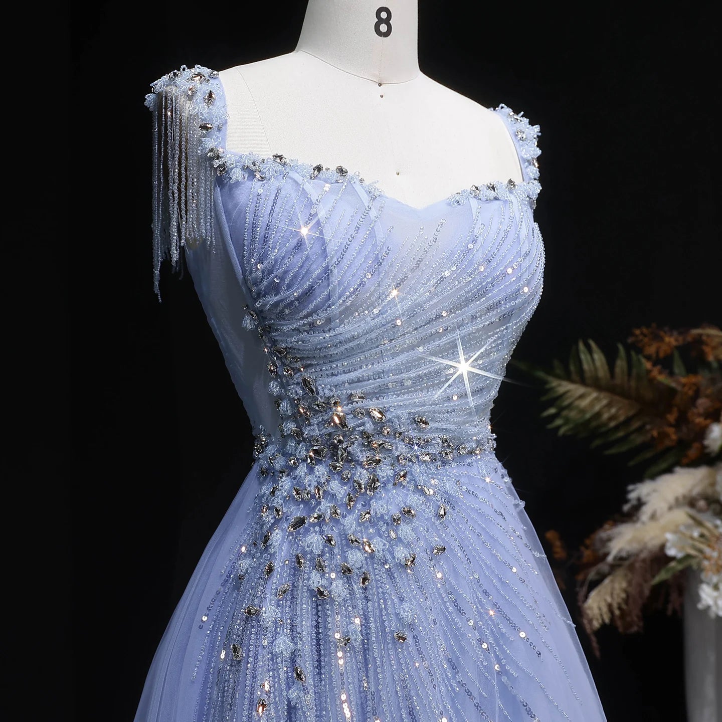 Blue A-Line Evening Gown — Tassel Beaded Crystal GCC Luxury 2026 — Riviera Couture GCC Luxury Evening Gown