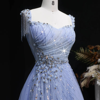 Blue A-Line Evening Gown — Tassel Beaded Crystal GCC Luxury 2026 — Riviera Couture GCC Luxury Evening Gown