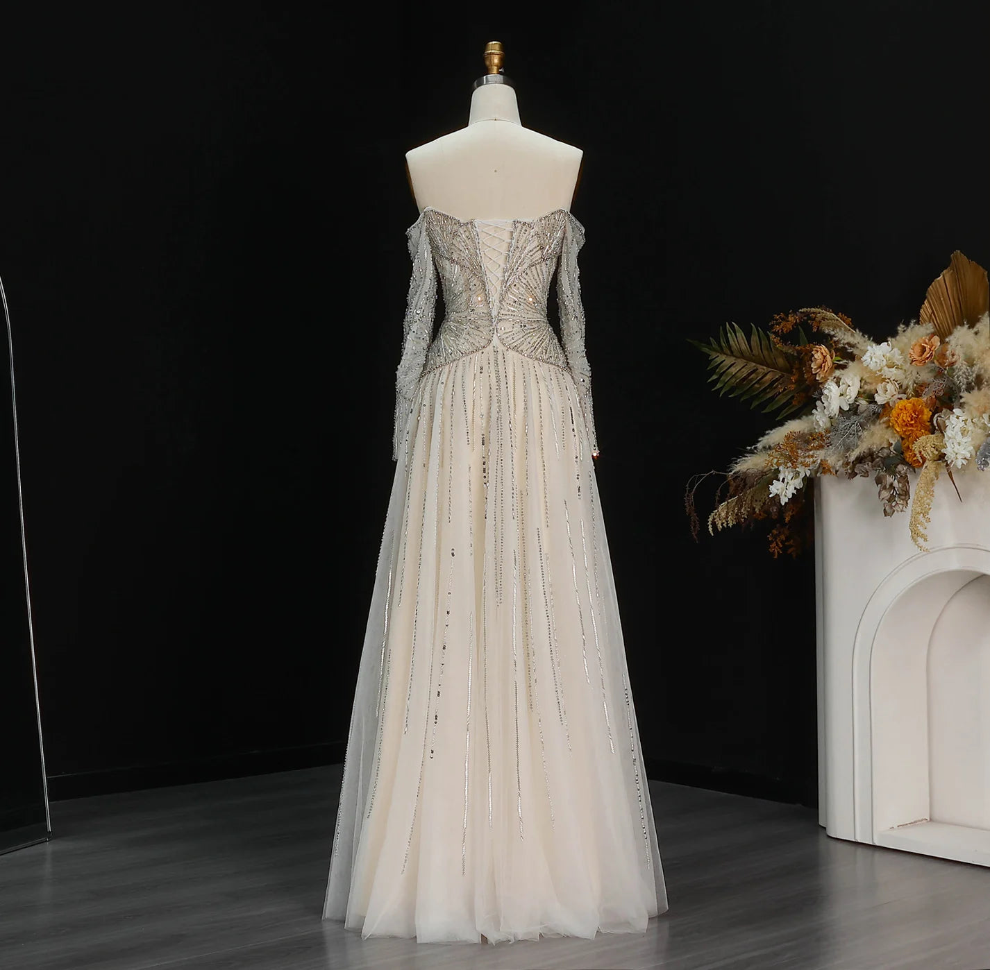 Beige Off Shoulder Long Sleeves Beaded Gown luxury evening dress by Riviera Couture