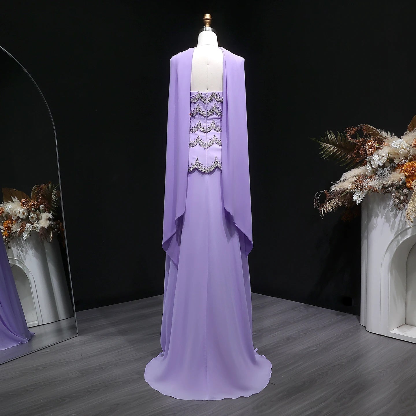 Purple Beaded A-Line Evening Gown with Scarf — Luxury GCC Formal — Riviera Couture GCC Luxury Evening Gown