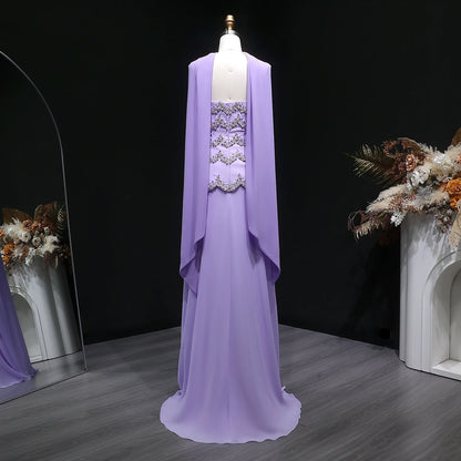 Purple Beaded A-Line Evening Gown with Scarf — Luxury GCC Formal — Riviera Couture GCC Luxury Evening Gown