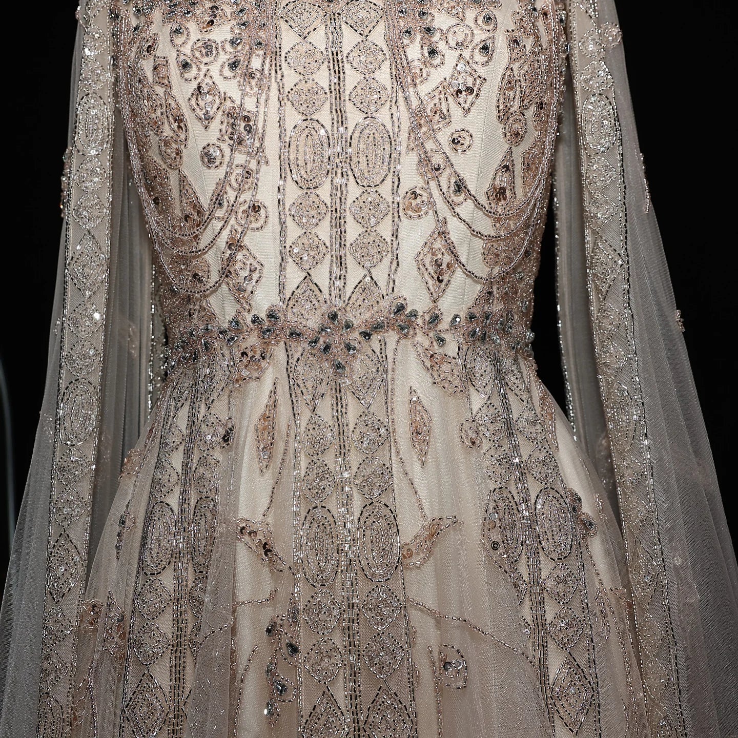 Beige Nude Arabic Evening Gown with Cape Sleeves and Wine Red Choker — Riviera Couture GCC Luxury Evening Gown