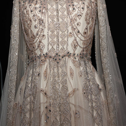 Beige Nude Arabic Evening Gown with Cape Sleeves and Wine Red Choker — Riviera Couture GCC Luxury Evening Gown