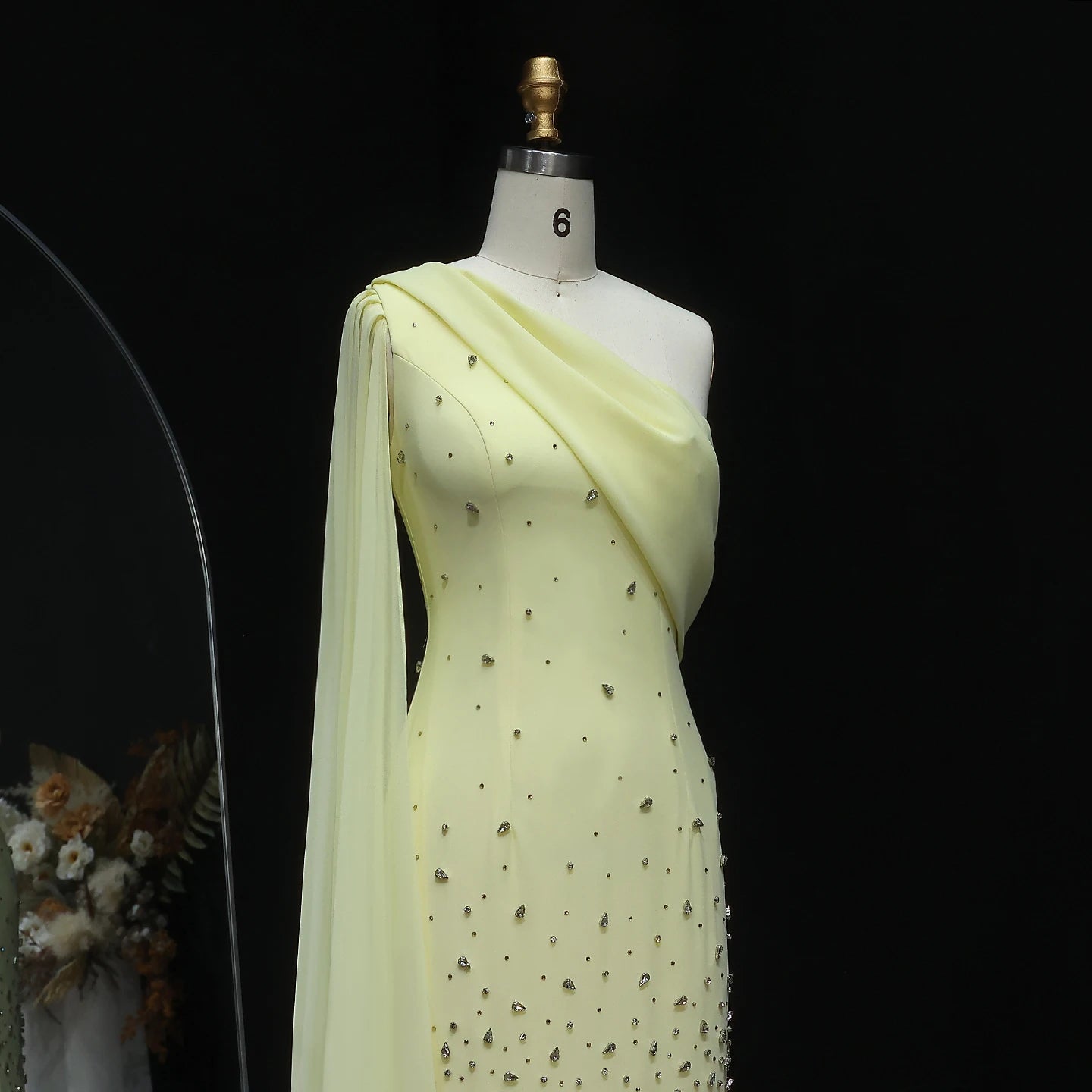 Yellow Modest One-Shoulder Mermaid Evening Gown — 3D Leaves Crystal Cape — Riviera Couture GCC Luxury Evening Gown