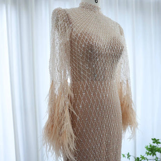 Feathers Nude Evening Dresses Long Sleeves With Elegant High Neck - Riviera Couture