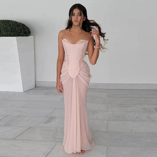 Blush Pink Handmade Corset Draped Chiffon Mermaid Evening Dress RC25 - Riviera Couture