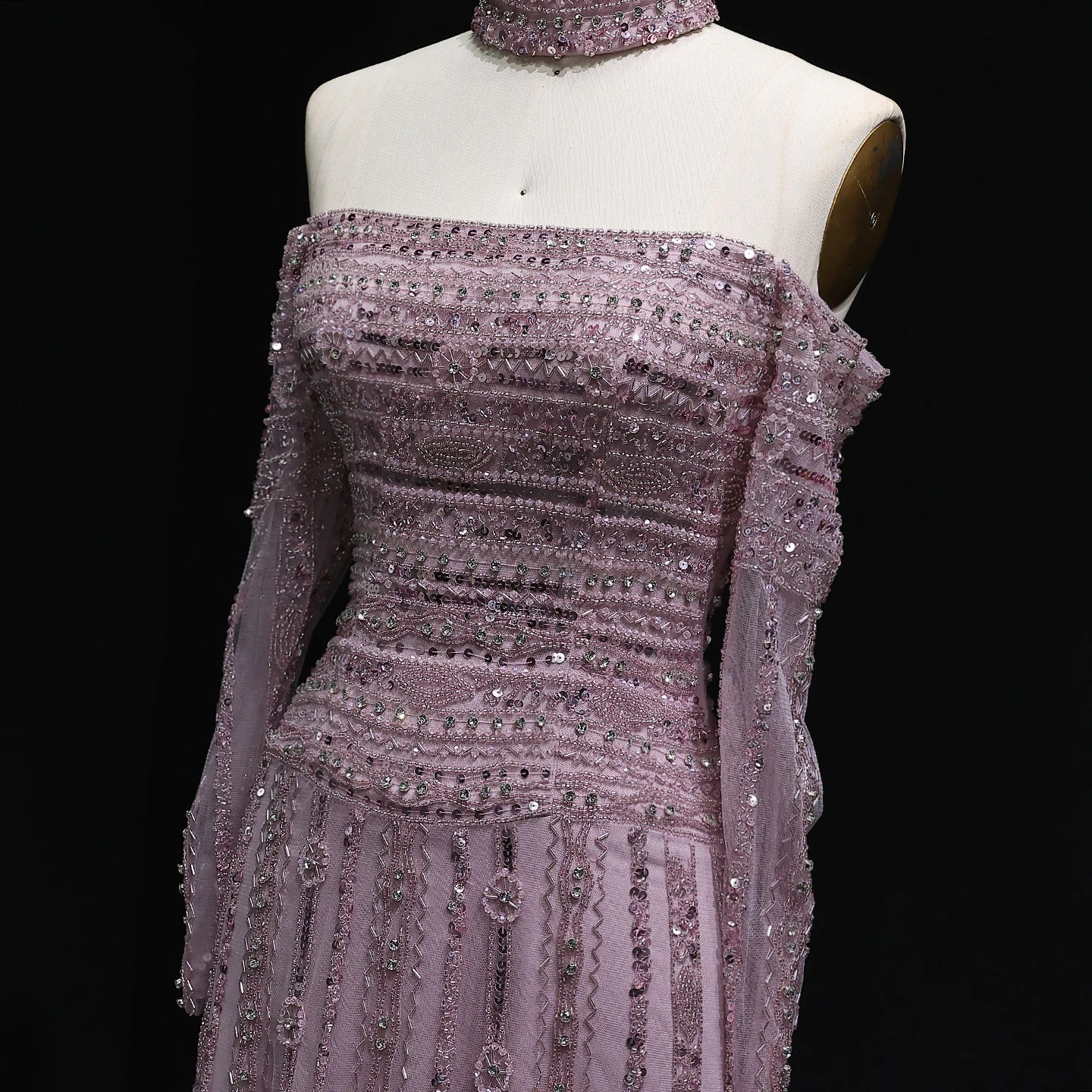 Pink Pink Off-Shoulder Evening Gown with Choker — Heavy Beaded Long Sleeve — Riviera Couture GCC Luxury Evening Gown