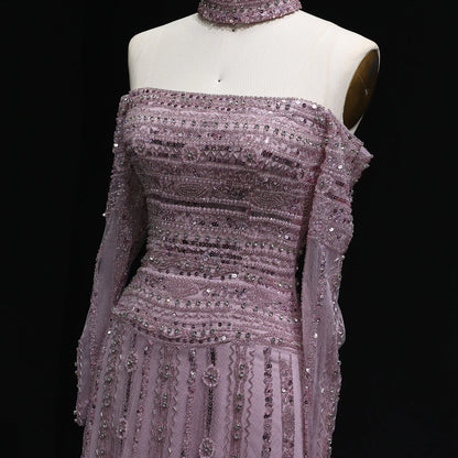 Pink Pink Off-Shoulder Evening Gown with Choker — Heavy Beaded Long Sleeve — Riviera Couture GCC Luxury Evening Gown