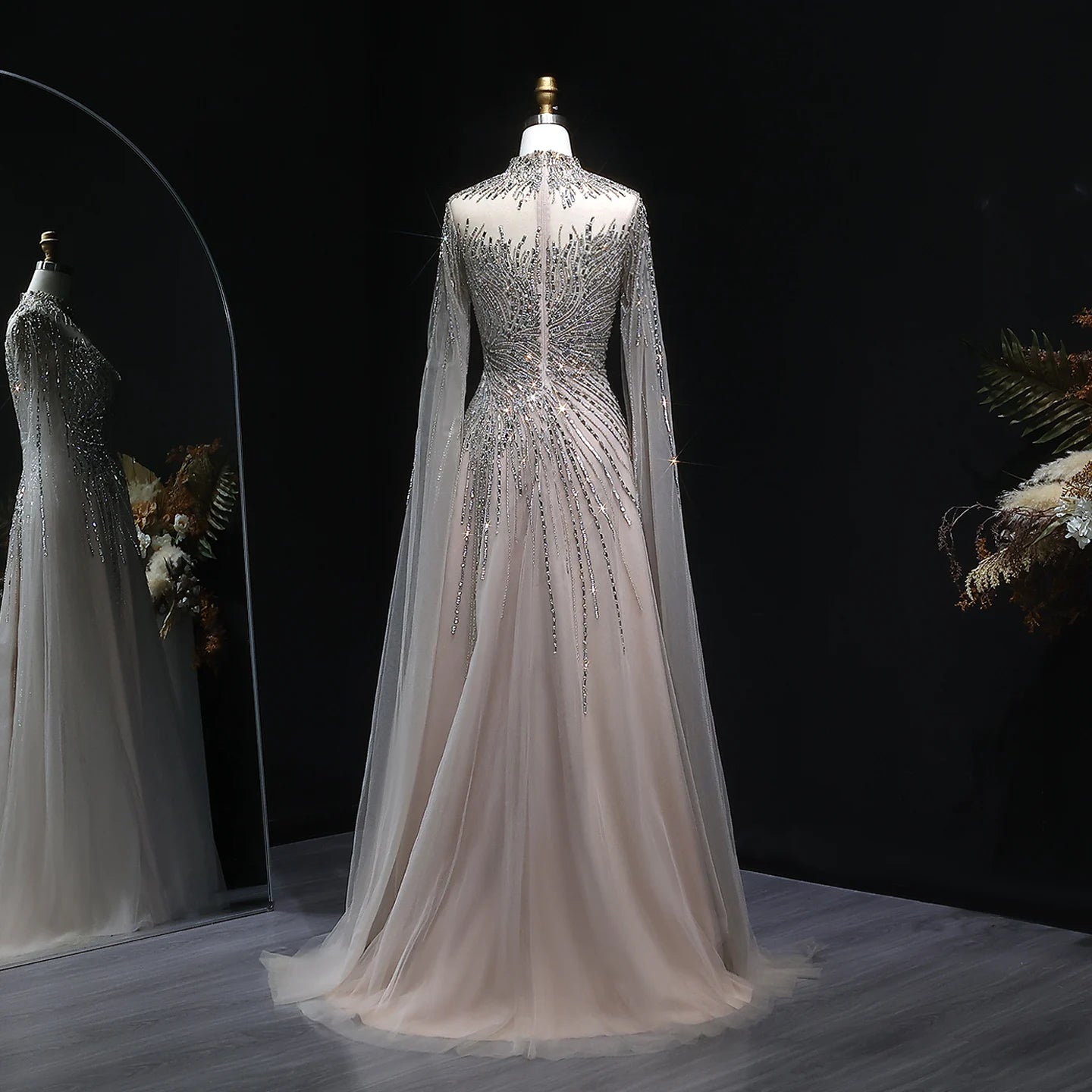 Caramel Beaded High Neck Cape Sleeve Evening Gown — Sequin Tulle — Riviera Couture GCC Luxury Evening Gown