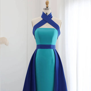 Royal Blue Contrast Turquoise Halter Neck Evening Dress with Overskirt - Riviera Couture