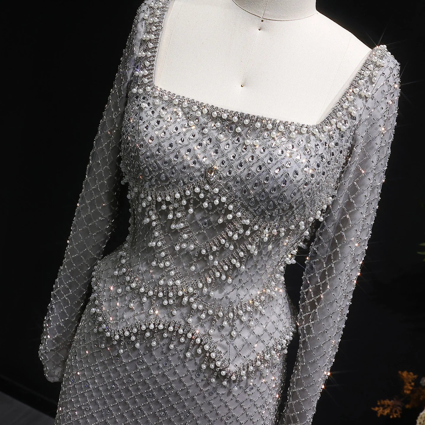 Gray Champagne Crystal Long Sleeve Evening Gown — Dubai Arabic Luxury — Riviera Couture GCC Luxury Evening Gown