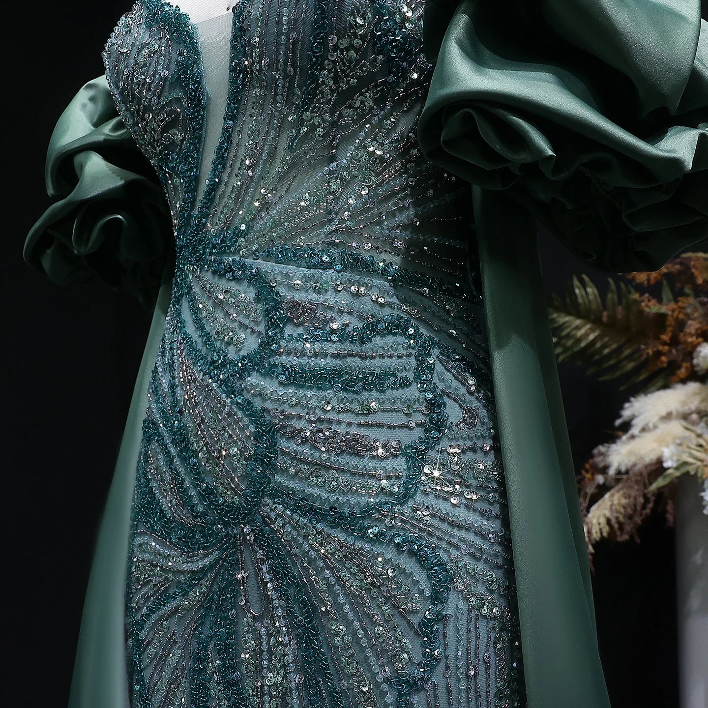 Wine Red Off-Shoulder Cape Ruffle Evening Gown — Beaded Luxury GCC Formal — Riviera Couture GCC Luxury Evening Gown