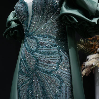 Wine Red Off-Shoulder Cape Ruffle Evening Gown — Beaded Luxury GCC Formal — Riviera Couture GCC Luxury Evening Gown