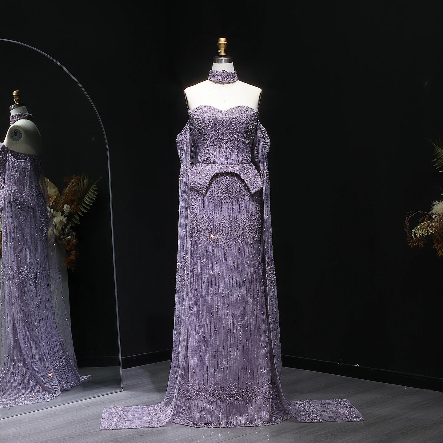 Silver Grey Crystal Off-Shoulder Evening Gown with Cape Sleeves — 2026 — Riviera Couture GCC Luxury Evening Gown