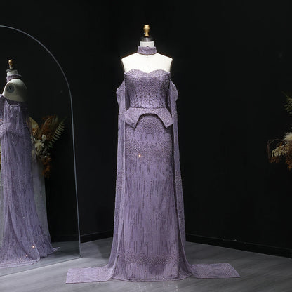 Silver Grey Crystal Off-Shoulder Evening Gown with Cape Sleeves — 2026 — Riviera Couture GCC Luxury Evening Gown