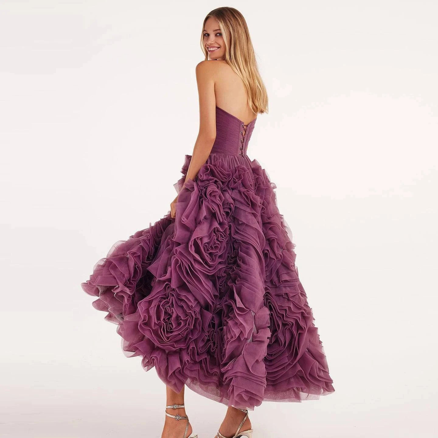 Luxury 3D Flower Purple Short Evening Dress - Riviera Couture